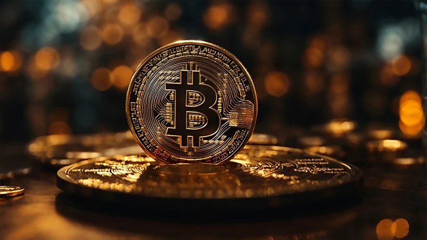 golden bitcoin displayed on gold coin