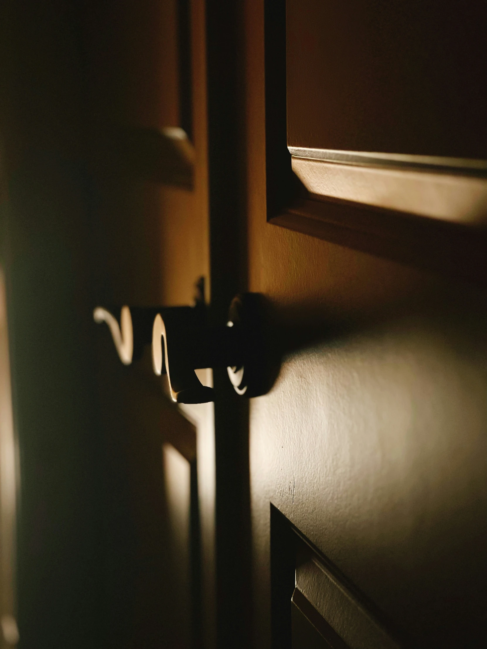 sunlight shines through the wooden door handle on the door