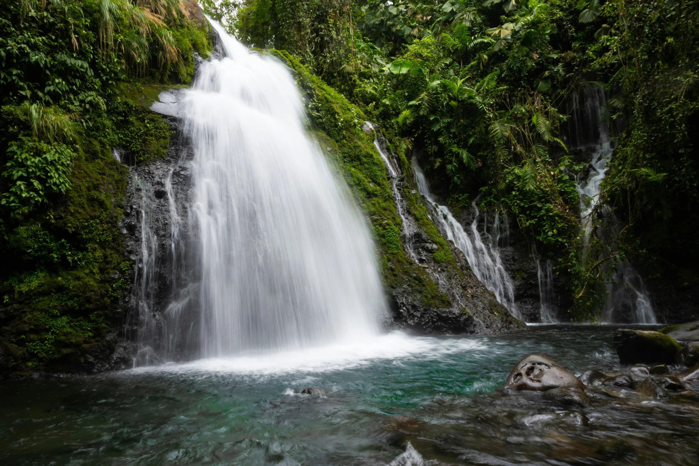 the waterfall is high and flowing through the forest