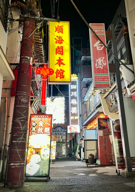 an alley at night with chinese and asian signs on it
