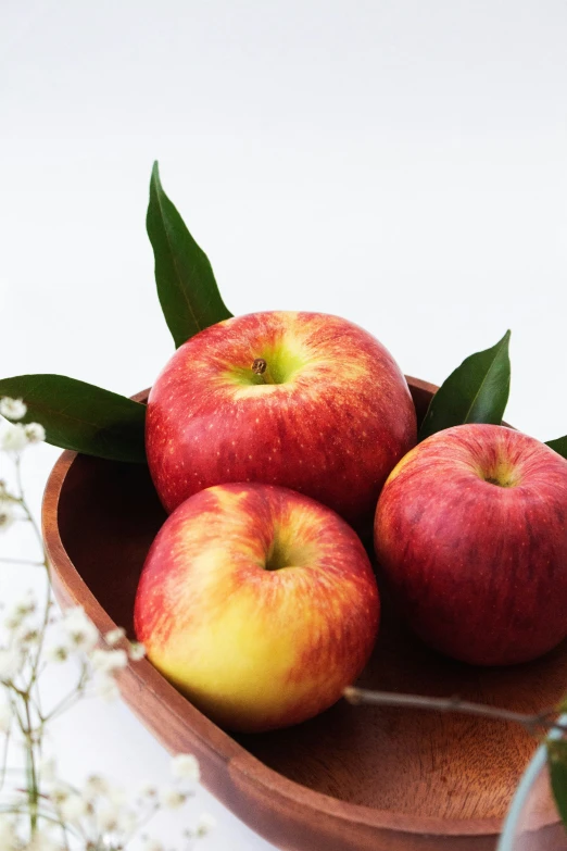 apples are in a wooden bowl on a table