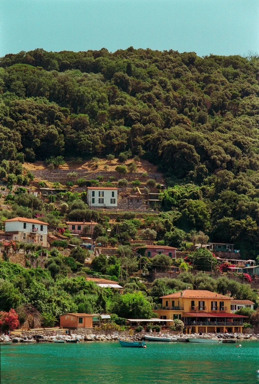 a village surrounded by a green hill near water