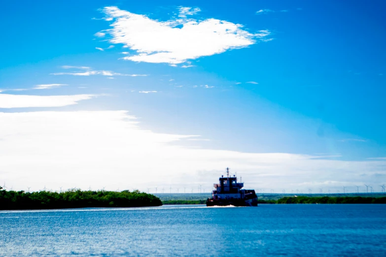 boat sailing on water near large, tree - lined area with windmills in distance