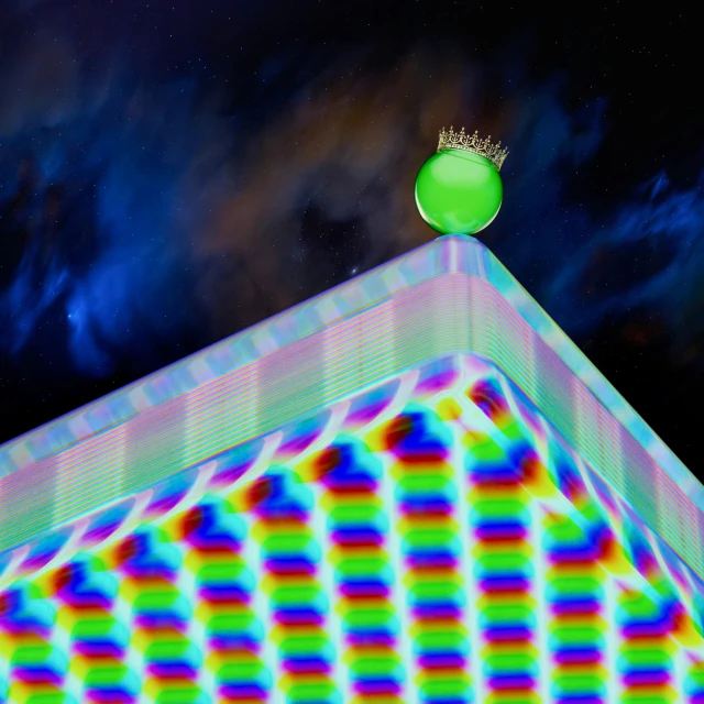 a green ball on top of a colorful triangle in the night sky