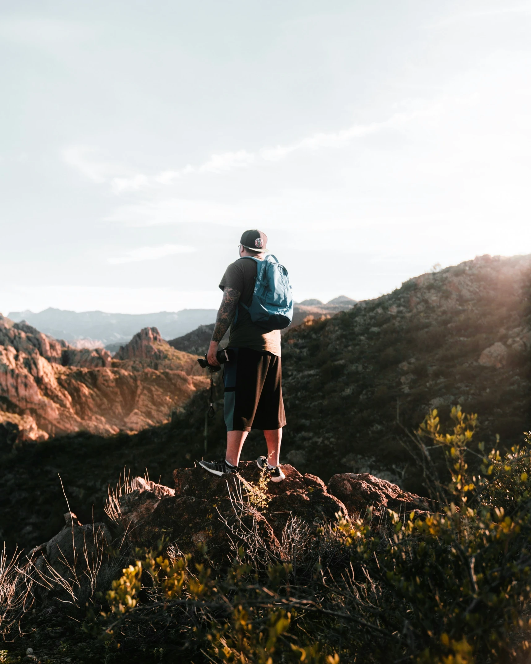 the man with a backpack is looking over the mountain