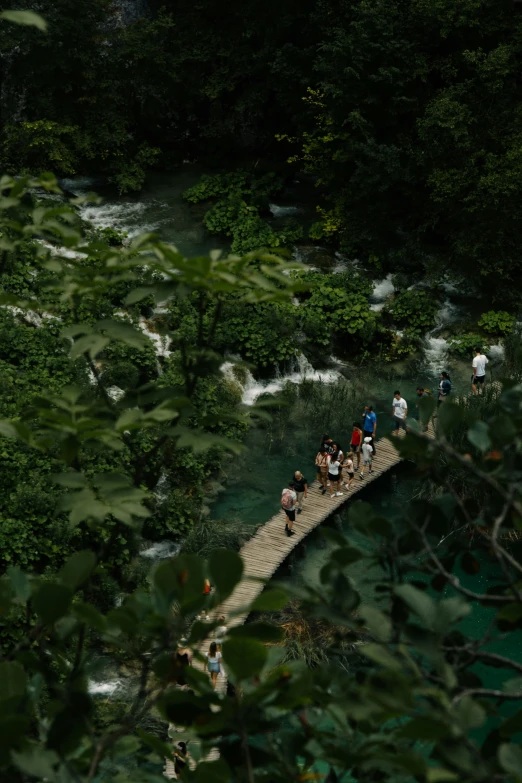 many people walking on the bridge over water