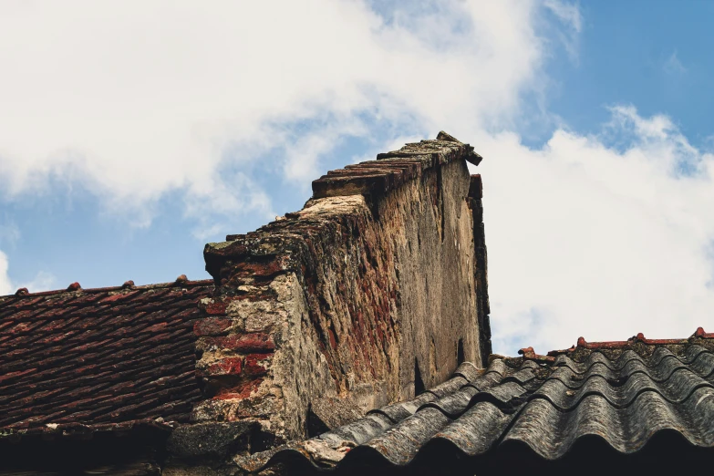 roof tiles and an old tree trunk on a building