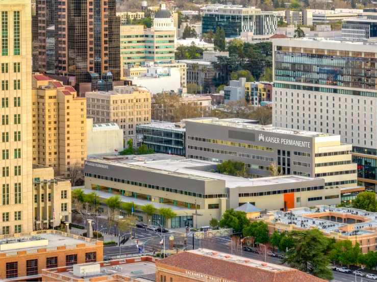 an aerial s of several buildings near one another