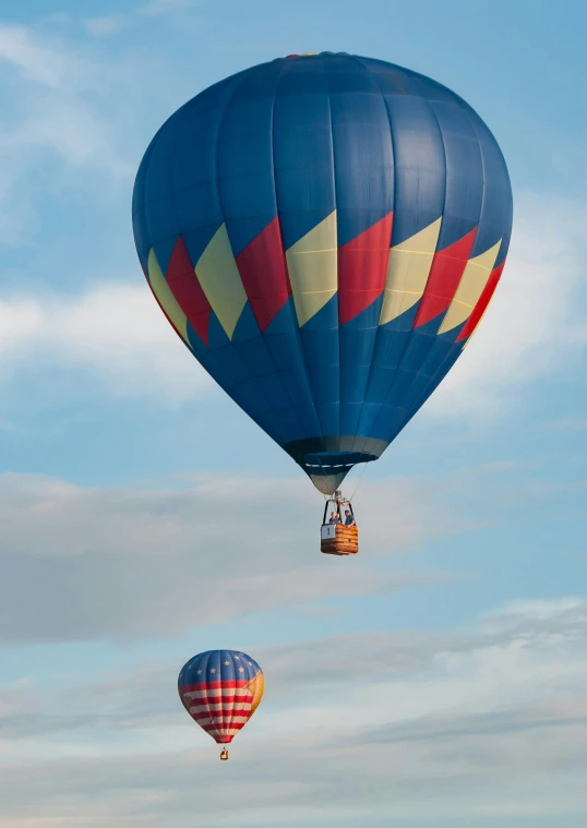 two balloons are flying high in the sky