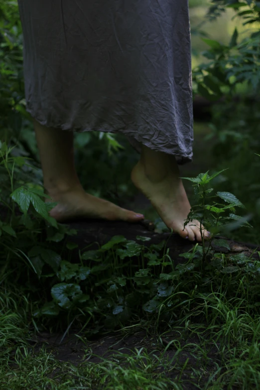 the legs of someone are walking on top of plants