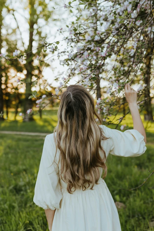 a girl in white dress holding an apple tree