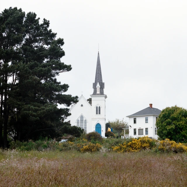 the two houses in front of the church with trees around them