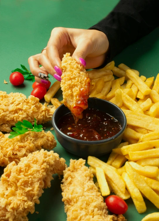 a plate with chicken fingers, fries and ketchup on top of it