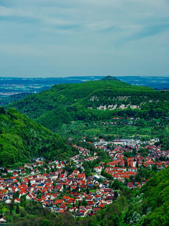 the town on top of a hill in the background