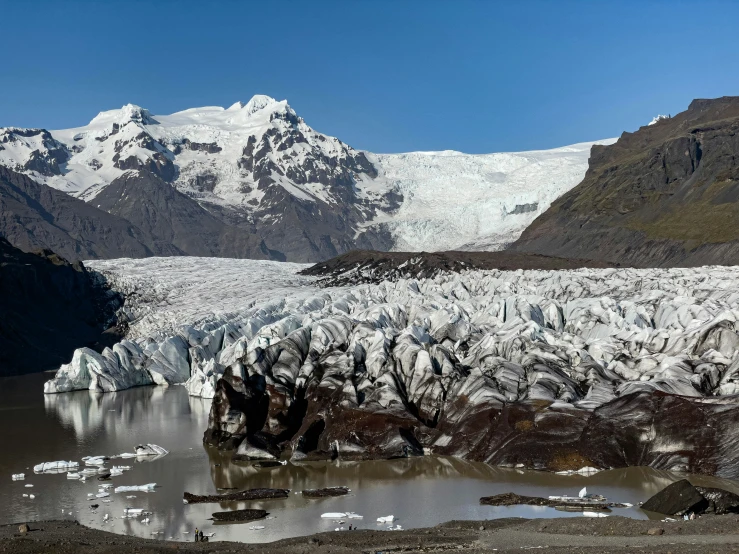 the glacier is surrounded by rocks and snow