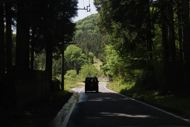 a road with a car driving through the forest