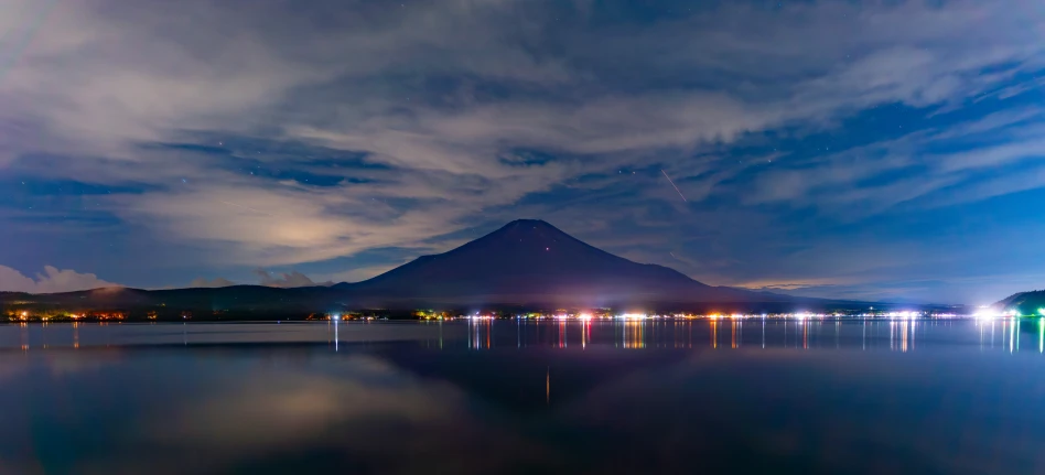 the night view of a mountain over a lake