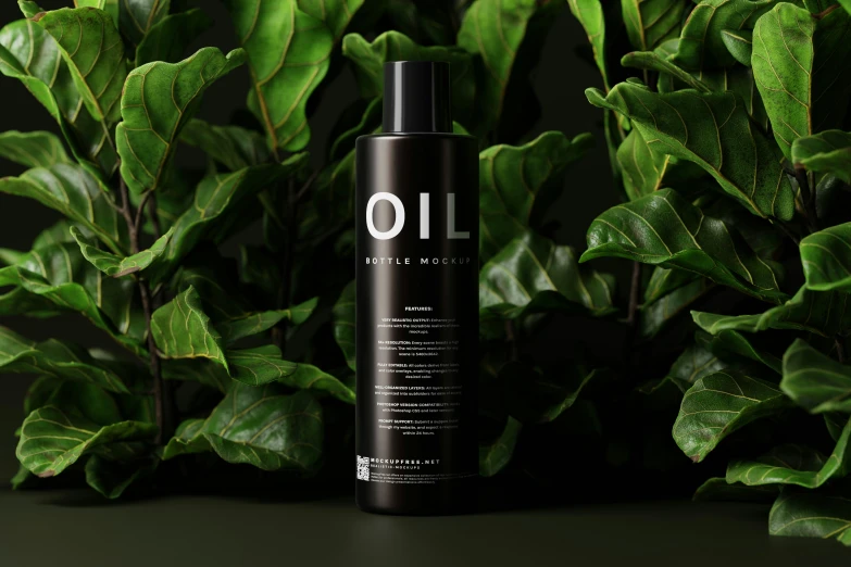 an oil product sitting on a table surrounded by leaves