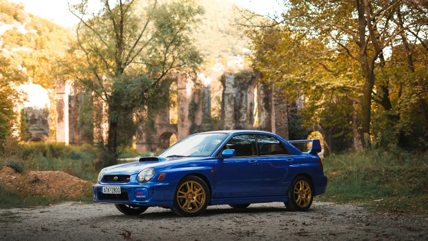 the blue car is parked near some trees