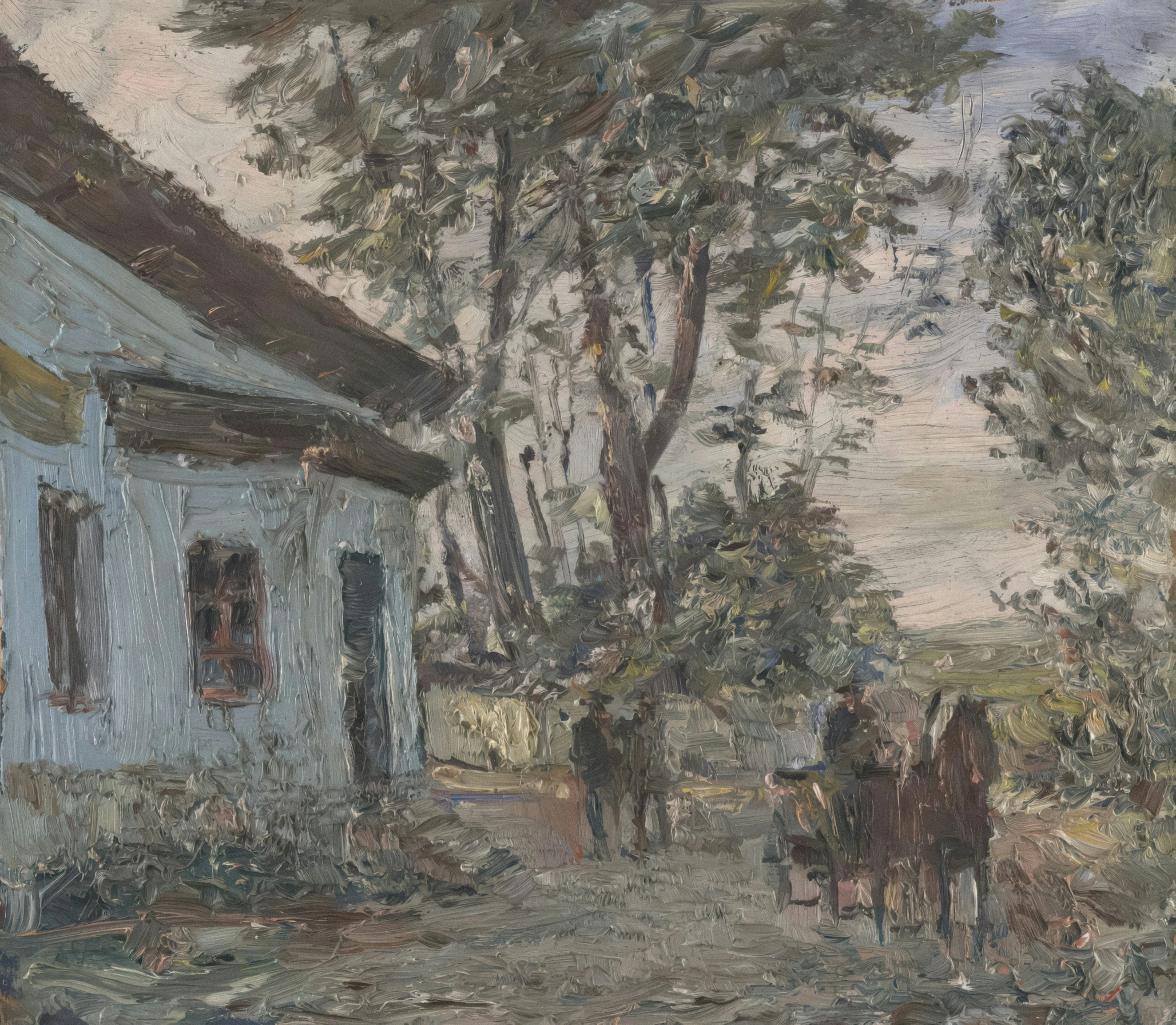 a painting of a farm house with a horse pulling a wagon