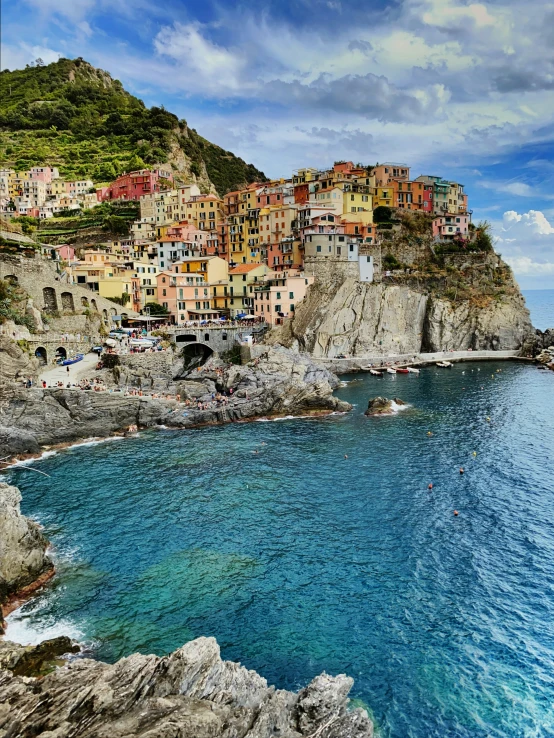 an ocean and a village on the cliff above it