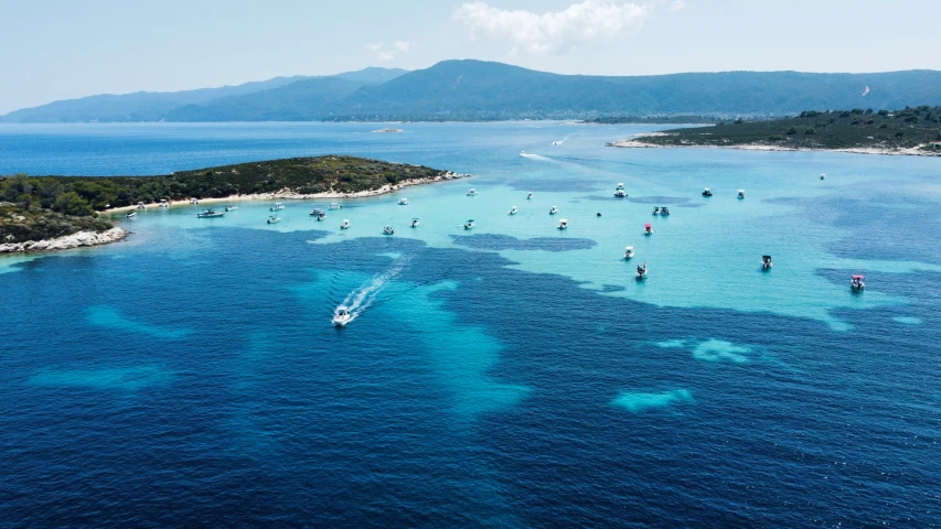 large group of boats floating in an area off of the coast