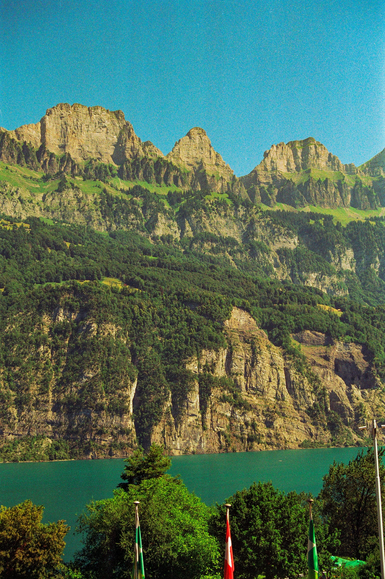 two people standing outside on a lawn next to mountains