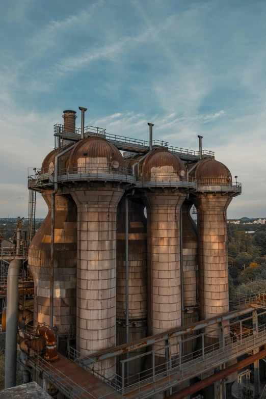 the factory's smoke stacks are seen here