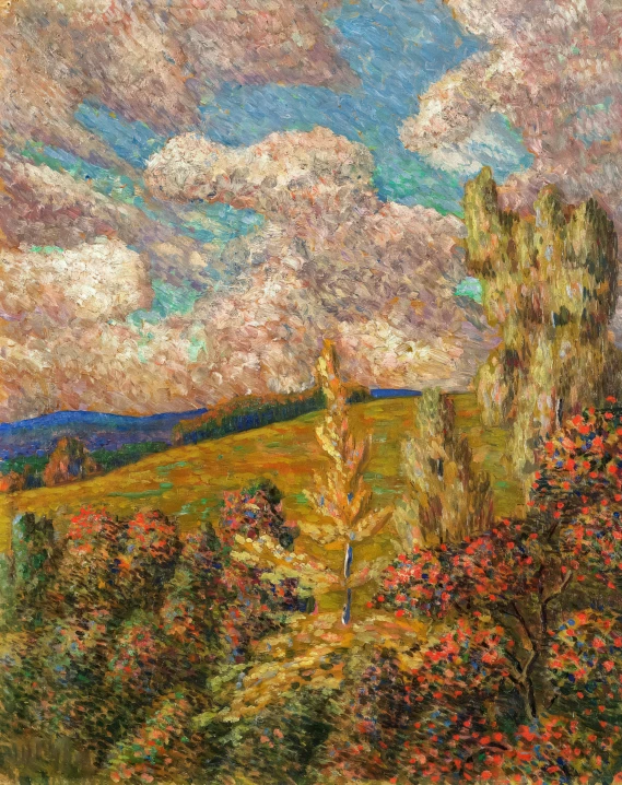 a painting of clouds and flowers in the sky