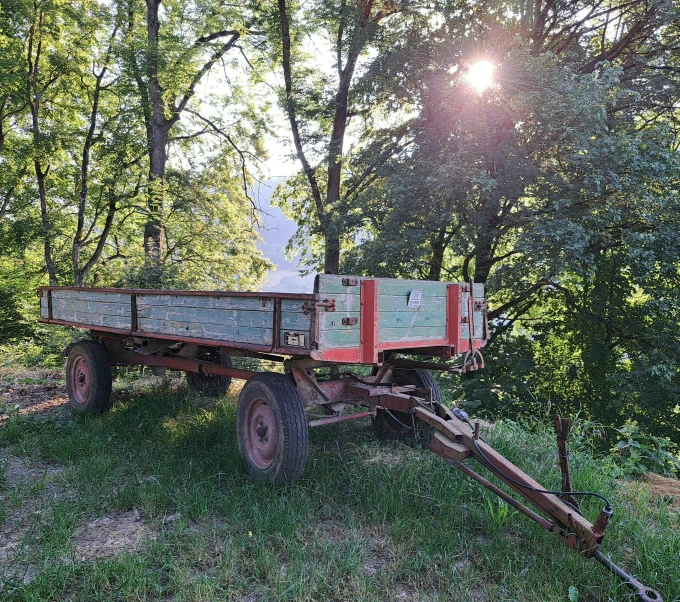 an old wagon is parked in a clearing by some trees