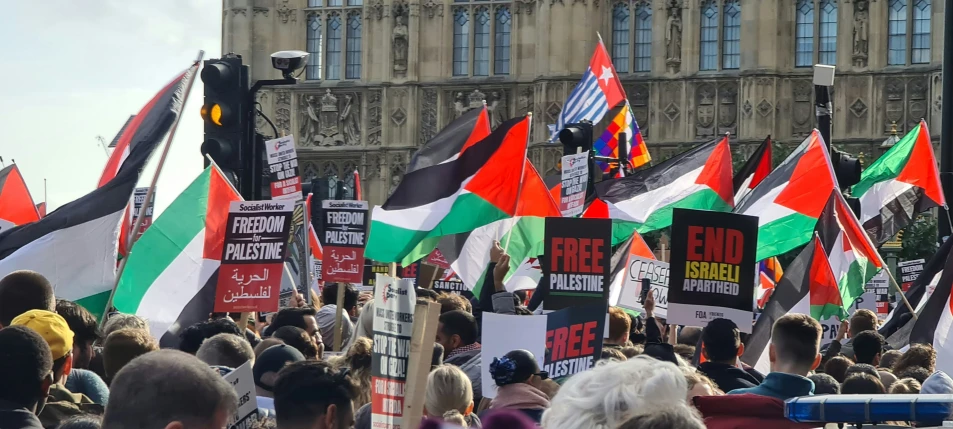 a number of people holding flags in a city