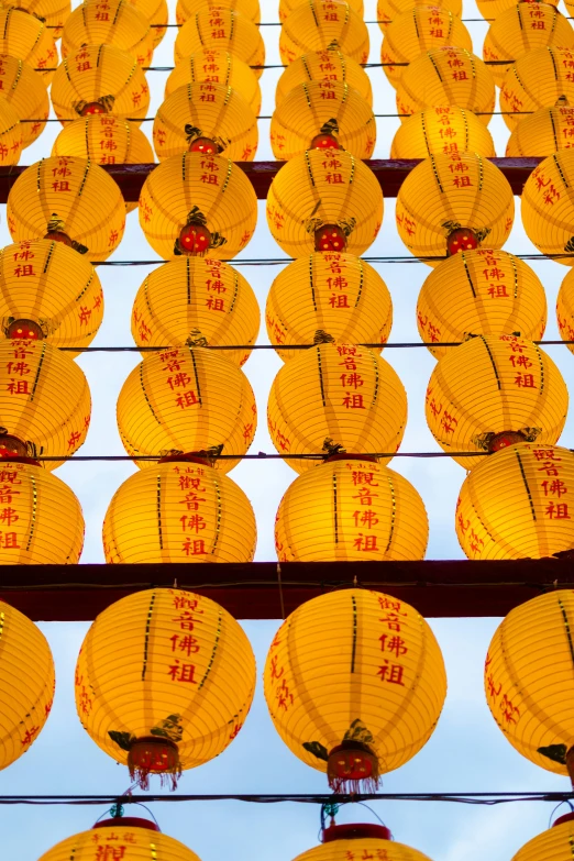 a large bunch of paper lanterns hanging from a wire