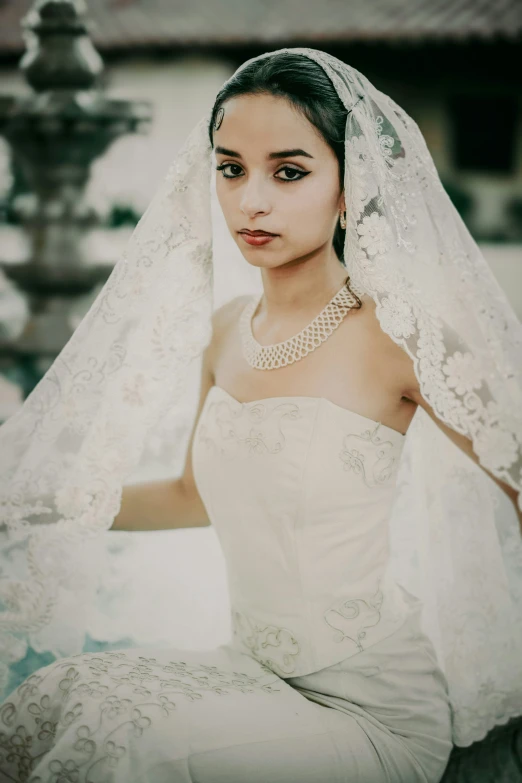 an artistic s of a bride wearing white veil