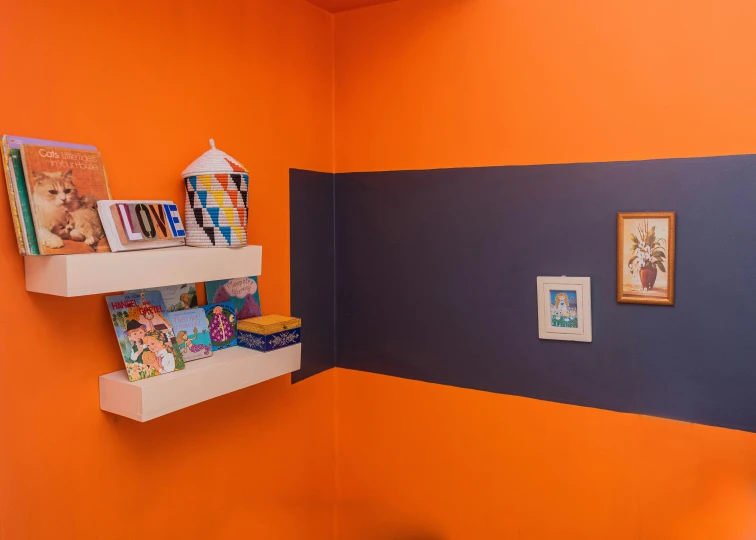 orange walled wall with bookshelf and baby picture