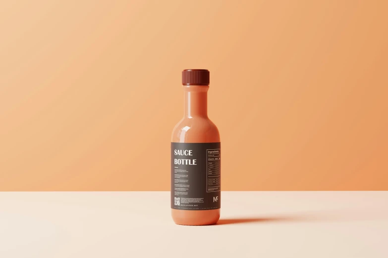 a bottle of tomato ketchup is sitting on an orange wall