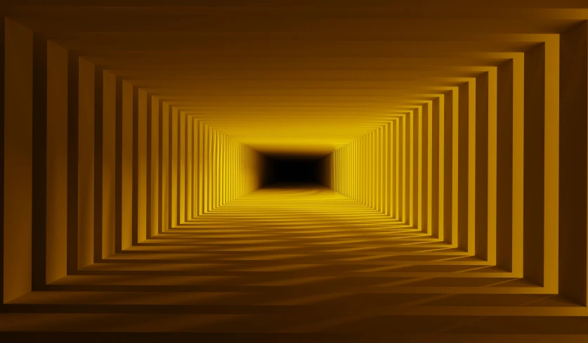 a yellow tunnel with several lights at the end