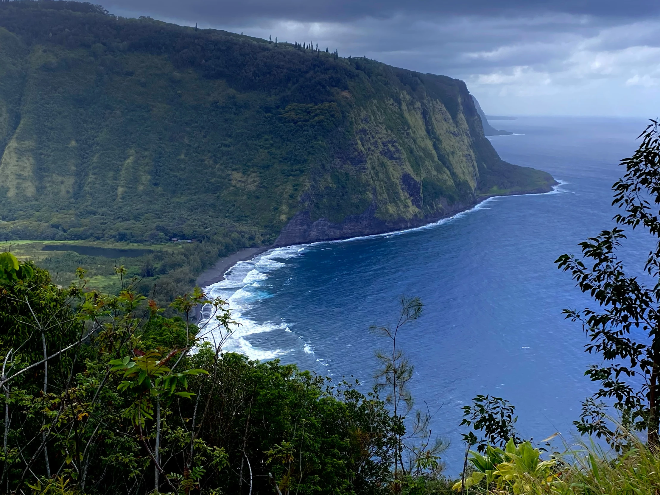 the view from the top of a hill to a sea and trees below