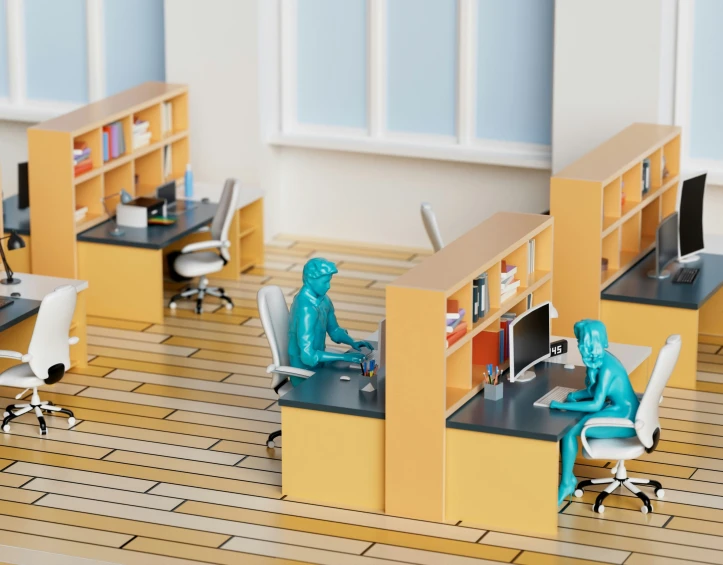 the computer desk has two chairs and tables with open shelves