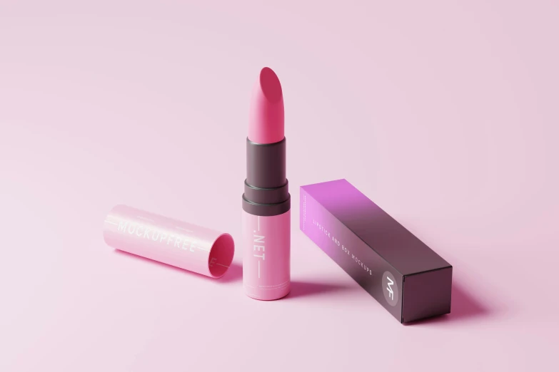 a pink lipstick next to a box on a pink surface