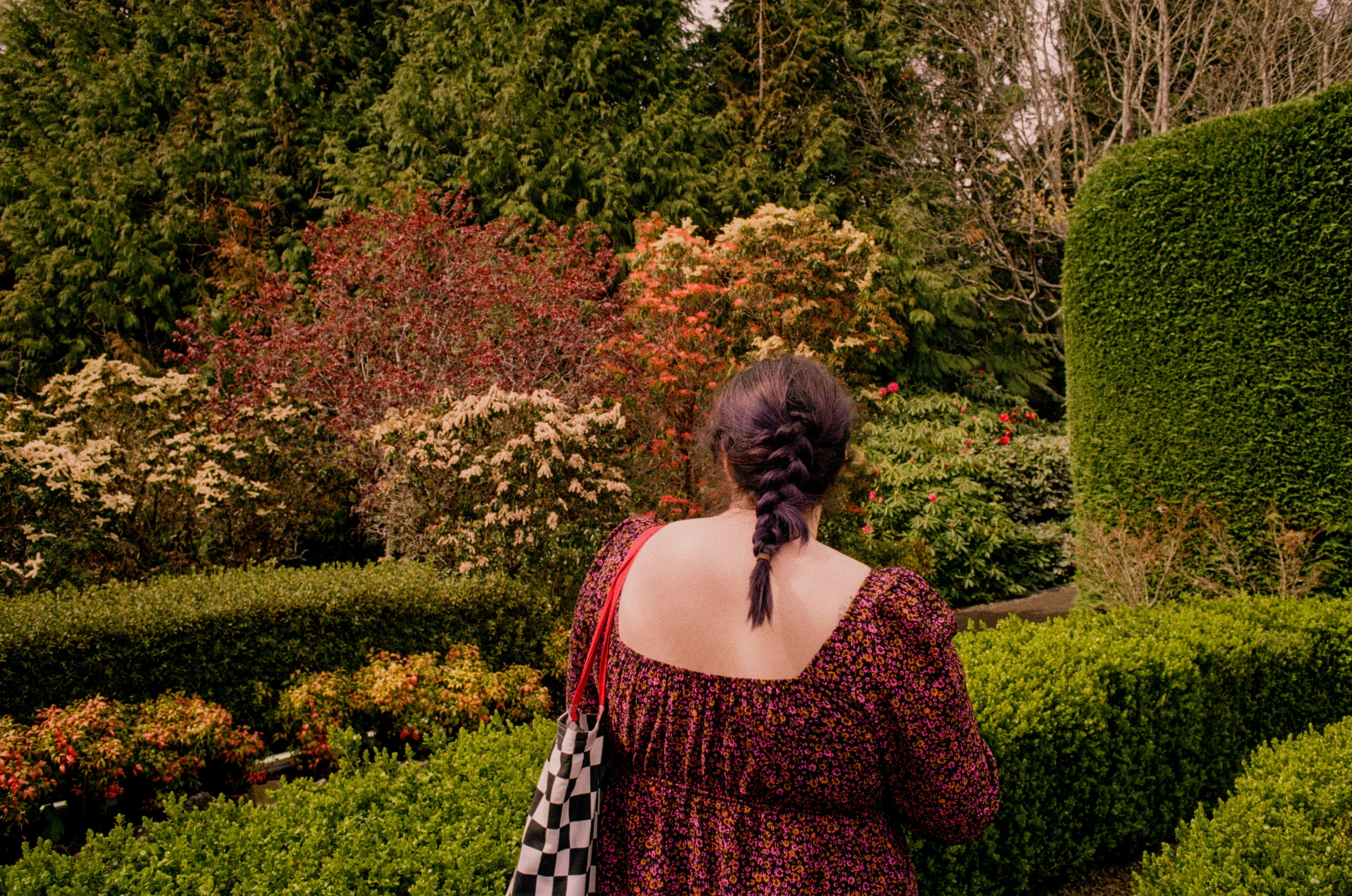 an attractive lady with her hair in a ponytail standing next to some hedges