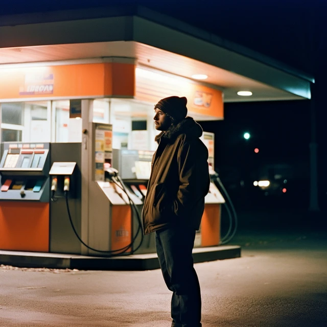 a man stands on his skateboard in front of a gas pump