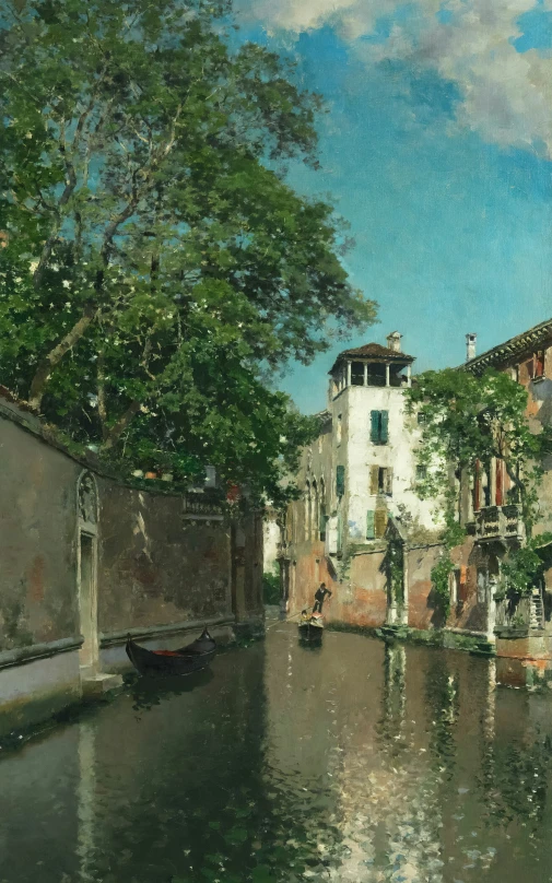 an old painting of a canal with house in it