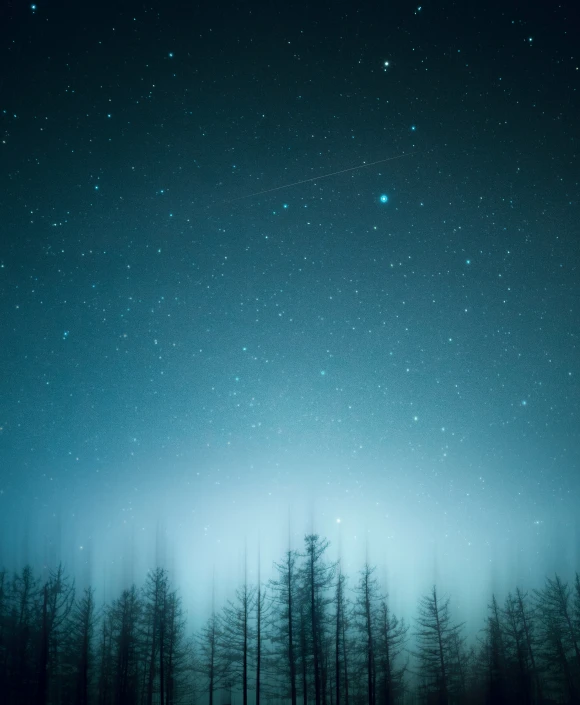 a night sky with several stars shining over the trees