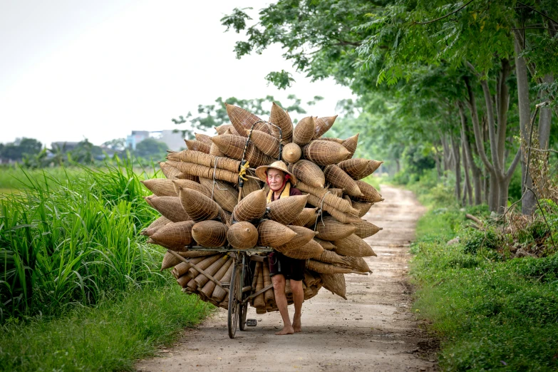 a woman carries her bicycle along the road with bananas on it