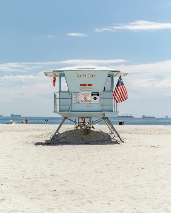 life guard stand on the beach with a blue sky background