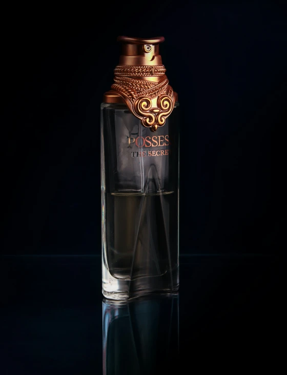 a black and gold top and inside side of the bottle