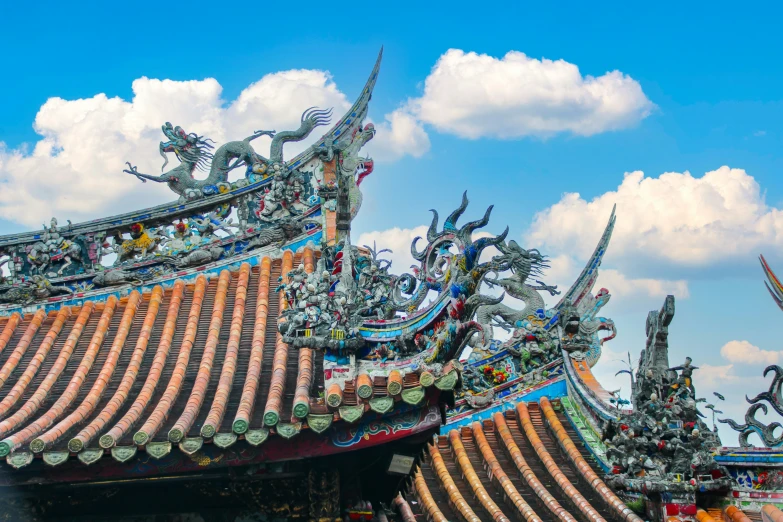 a roof with various decorations on it