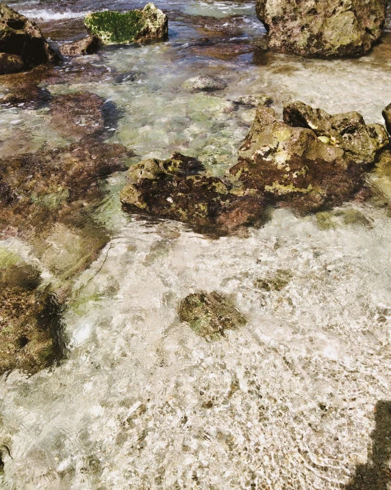 a group of rocks that are in some water