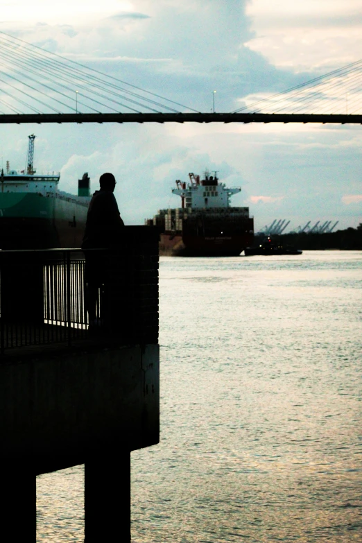 person looking out over water at a ship