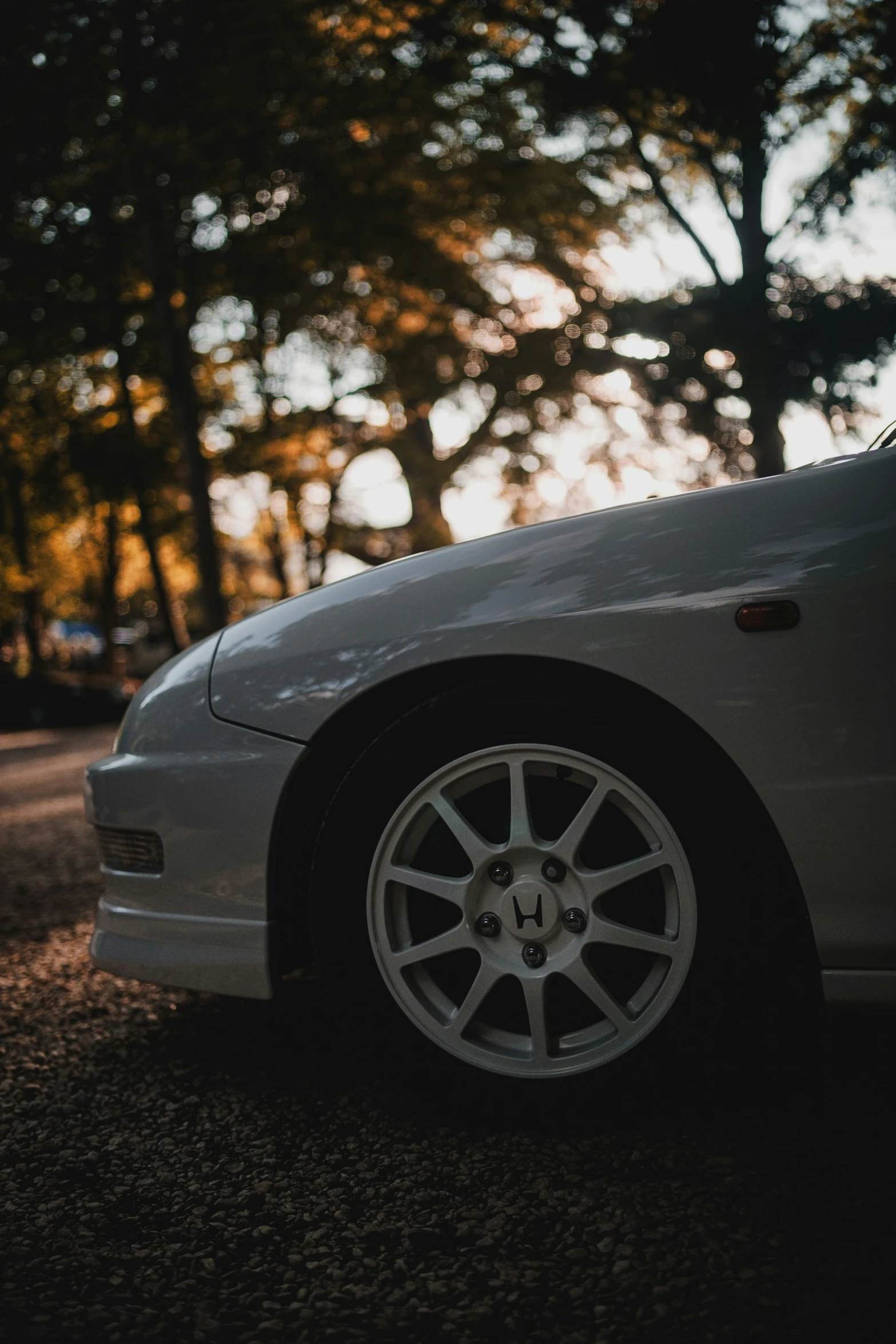 the front end of a white car with a sun shiners through the trees in the background